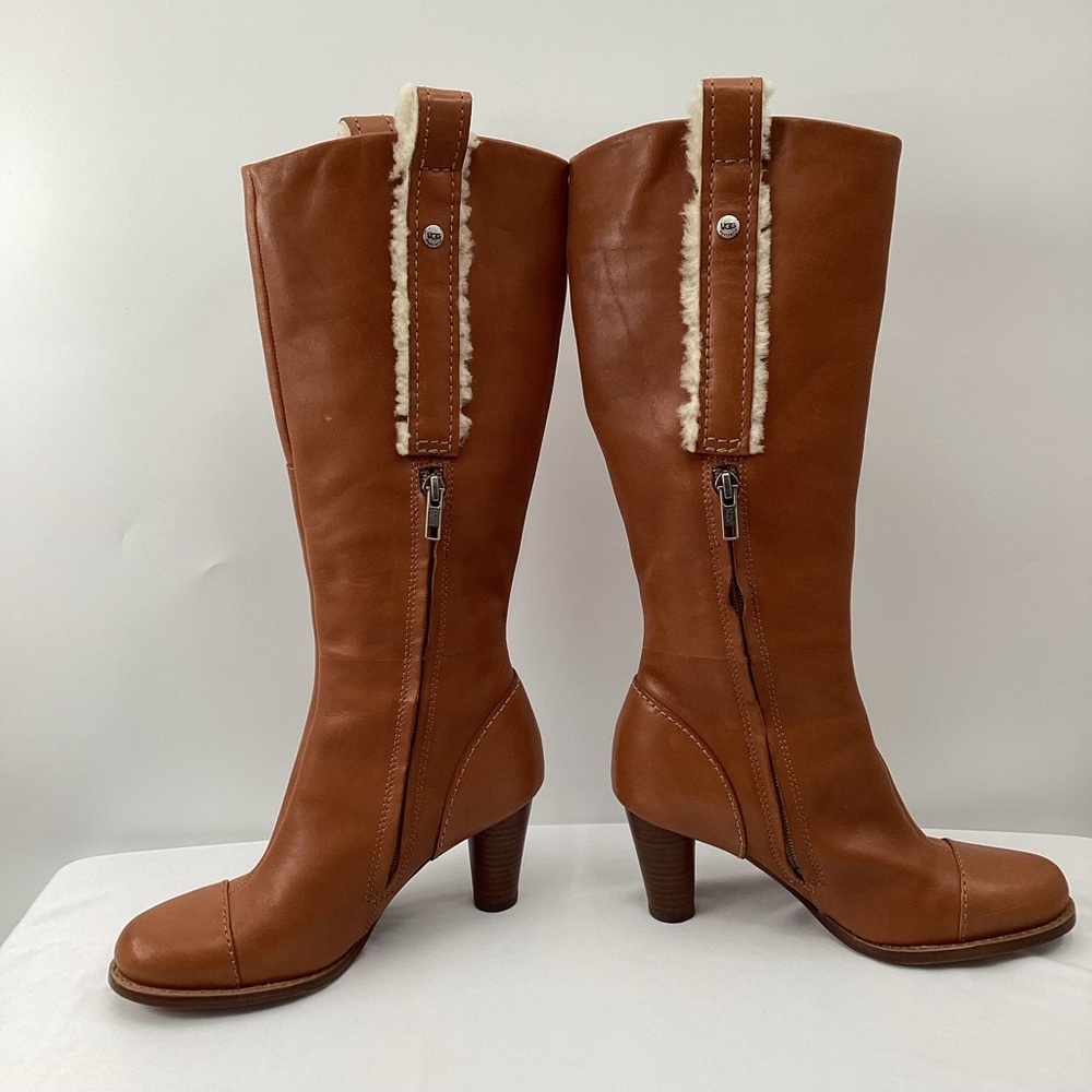 UGG Women's Tall Tan Leather Heeled Boots - Picture 7 of 16